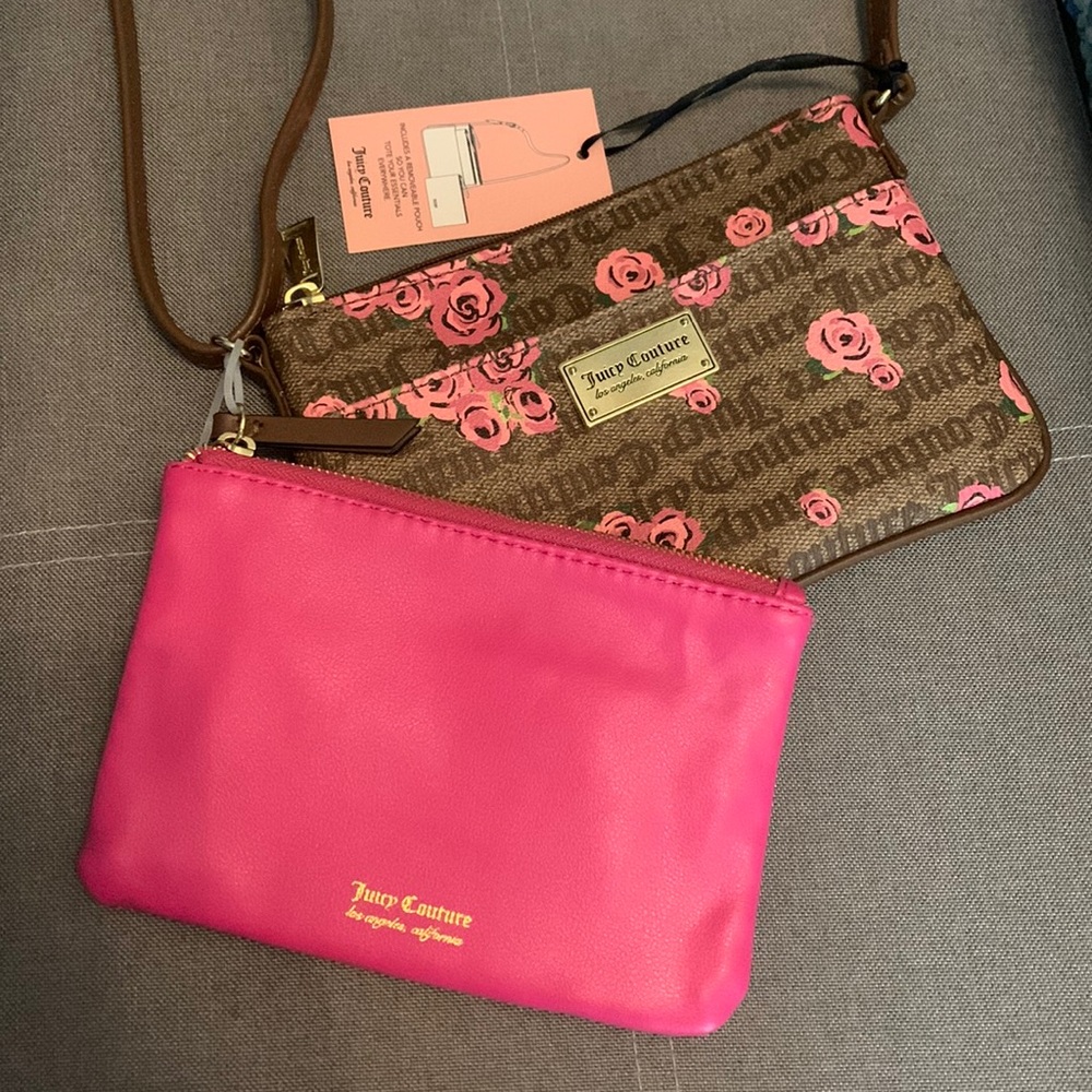 New with tags Juicy Couture brown and floral purse and pink wristlet.